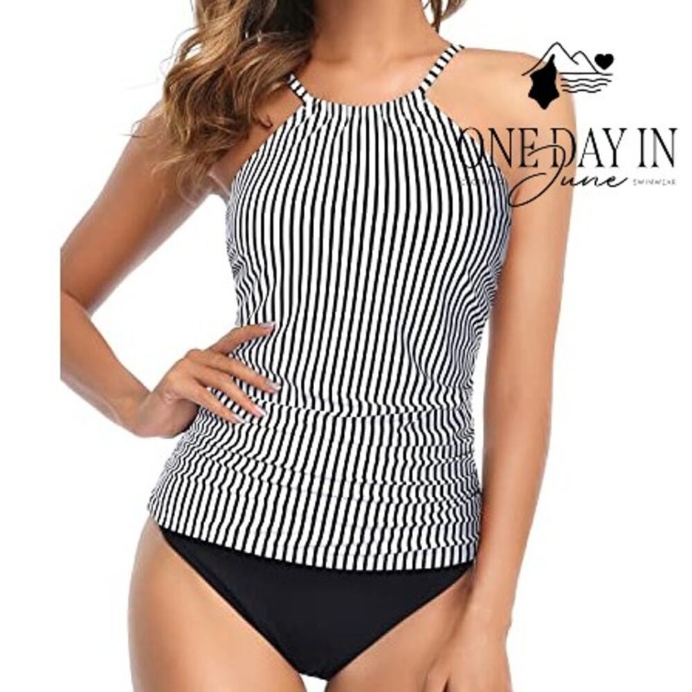 Tempt Me High Neck Striped Tankini Swimsuit Size L